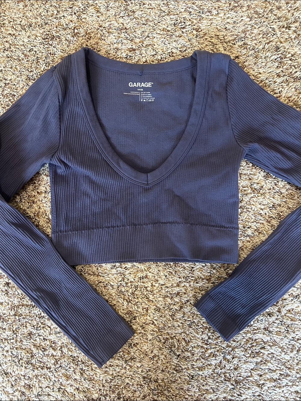 Garage Navy Ribbed V-Neck Long Sleeve Crop Top